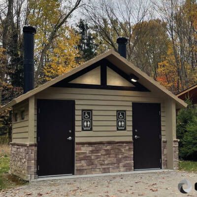 Double Rocky Mountain vault restroom Rocky Mountain Two single-user, fully accessible waterless restrooms
