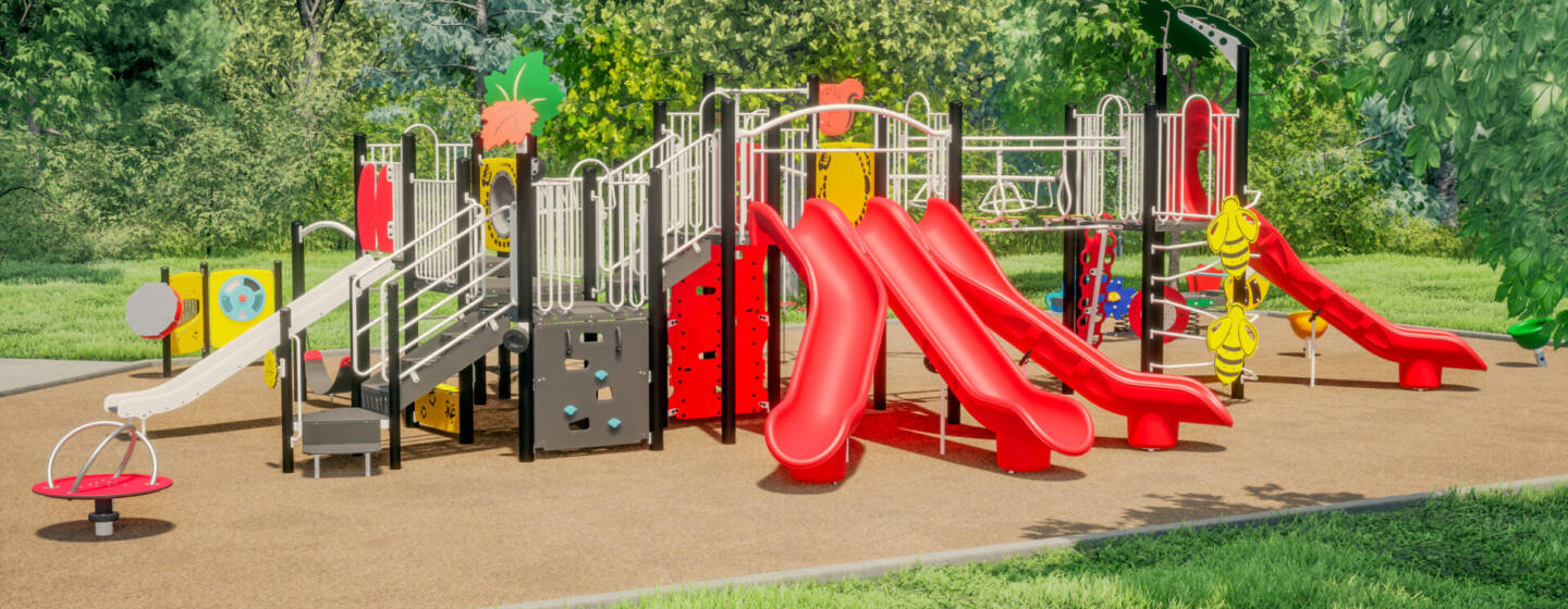 Render of the project: A playground with a play structure, slides, and ground level play equipment, surrounded by greenery.
