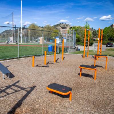 Outdoor fitness area at Parkinson Recreation Field in Kelowna, BC