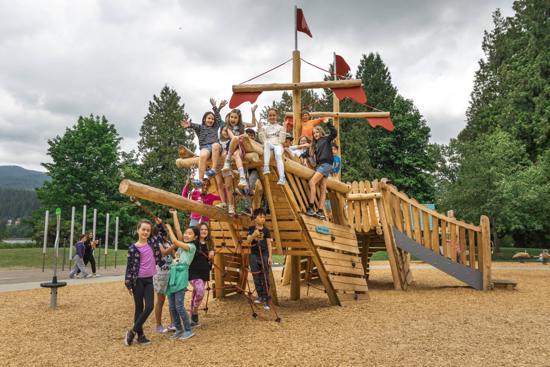 Rocky Point Park, Port Moody, BC - Robinia Ship (4) (2) Kids playing on KOMPAN Robinia pirate ship playground