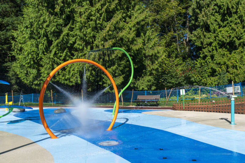 Waterplay splash pad features spraying water at the new Generations Playground splash pad in White Rock, BC