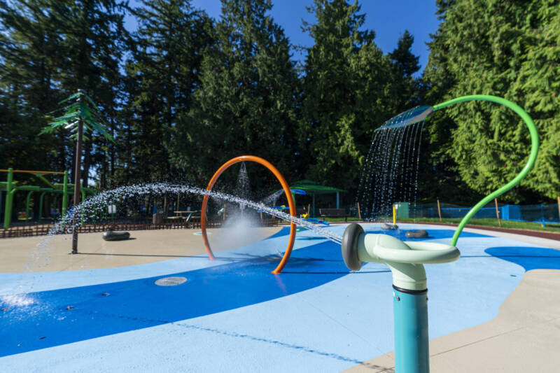 Waterplay splash pad features spraying water at the new Generations Playground splash pad in White Rock, BC