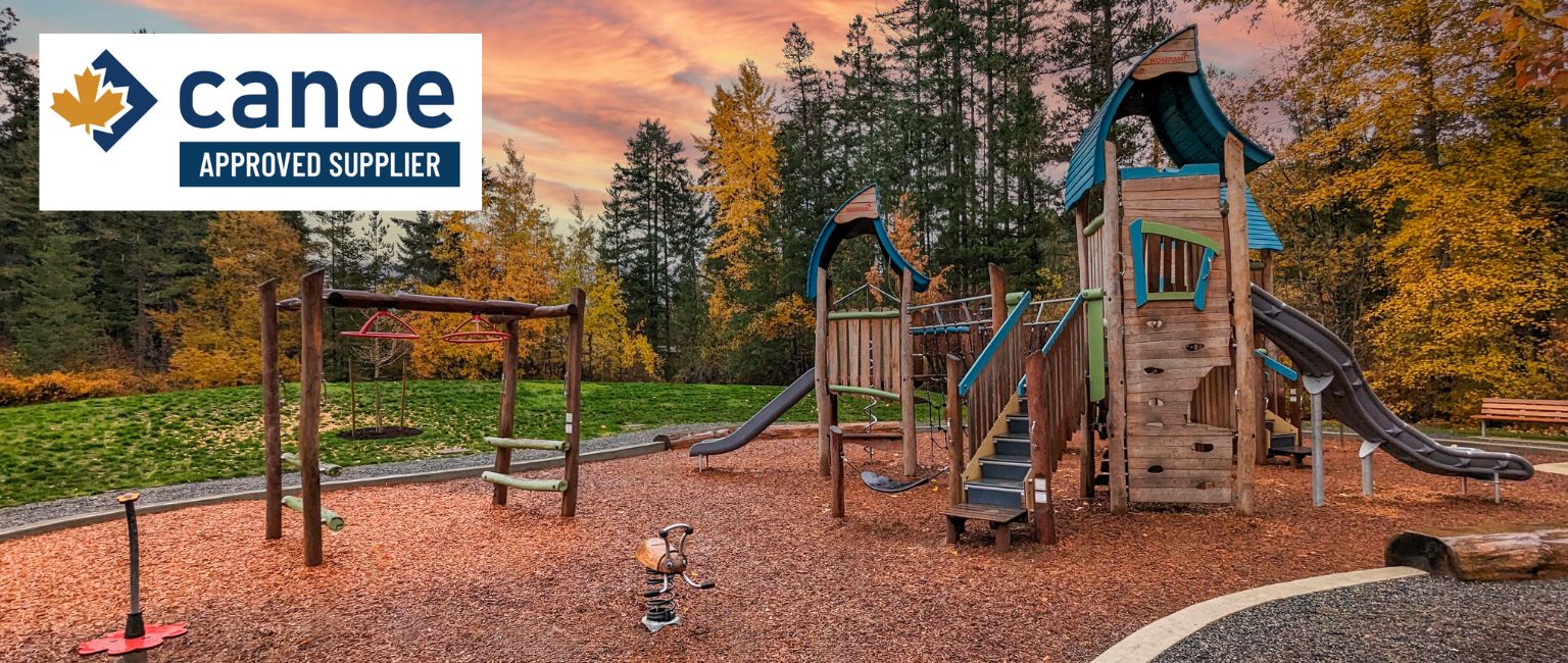 Photo of KOMPAN Robinia nature play playground equipment promoting Parkworks' purchasing cooperative through Canoe