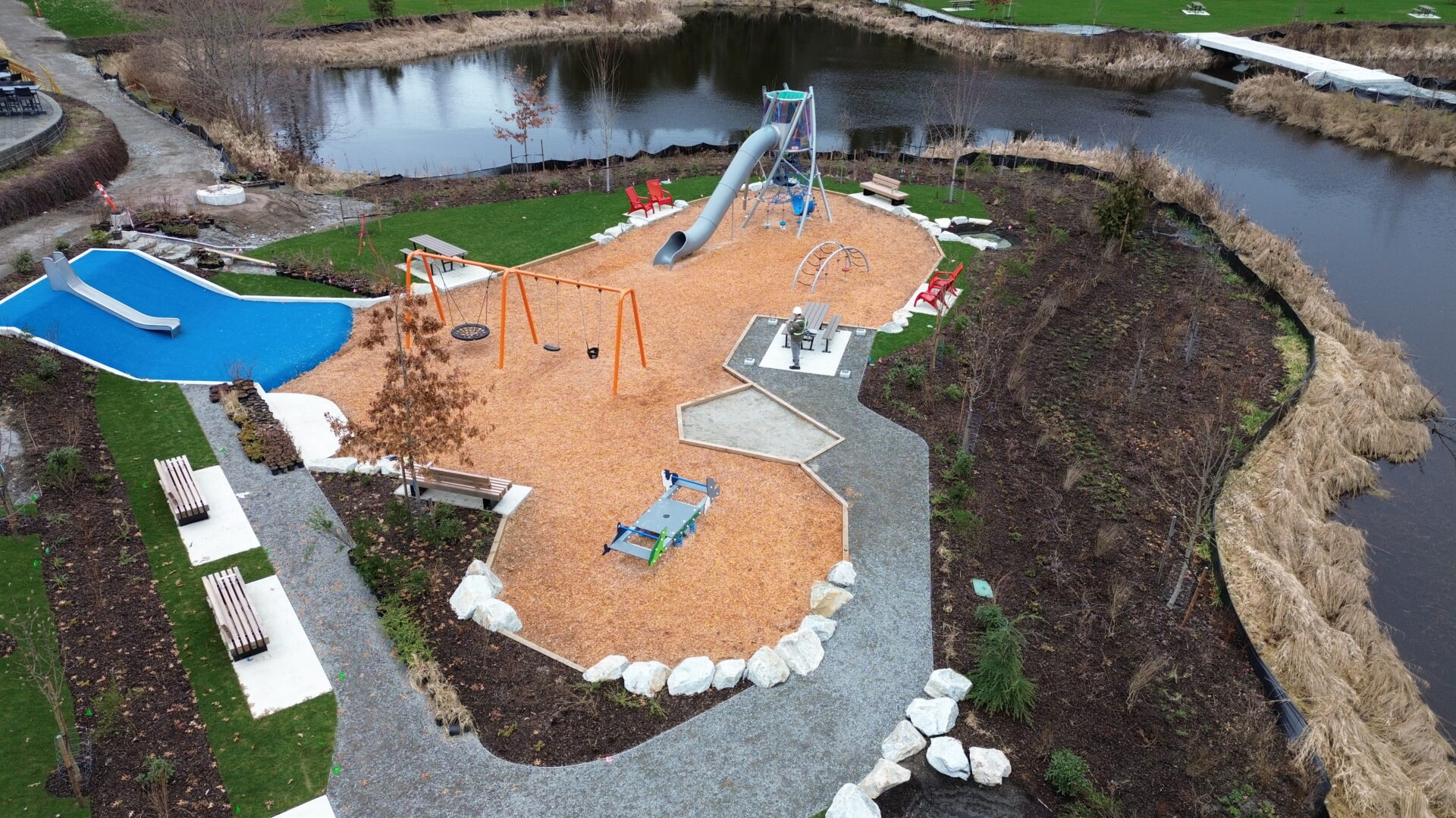 Aerial drone photo of the Garibaldi Springs Community Park in Squamish, BC.