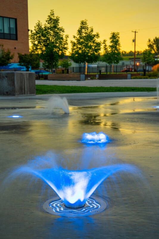 LED Luminary ground sprays installed at the Okotoks Arts & Learning Centre splash pad