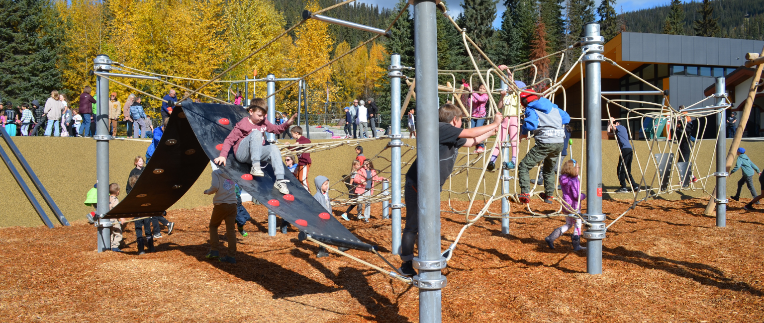 Kids playing on a variety of playground equipment in a community playground