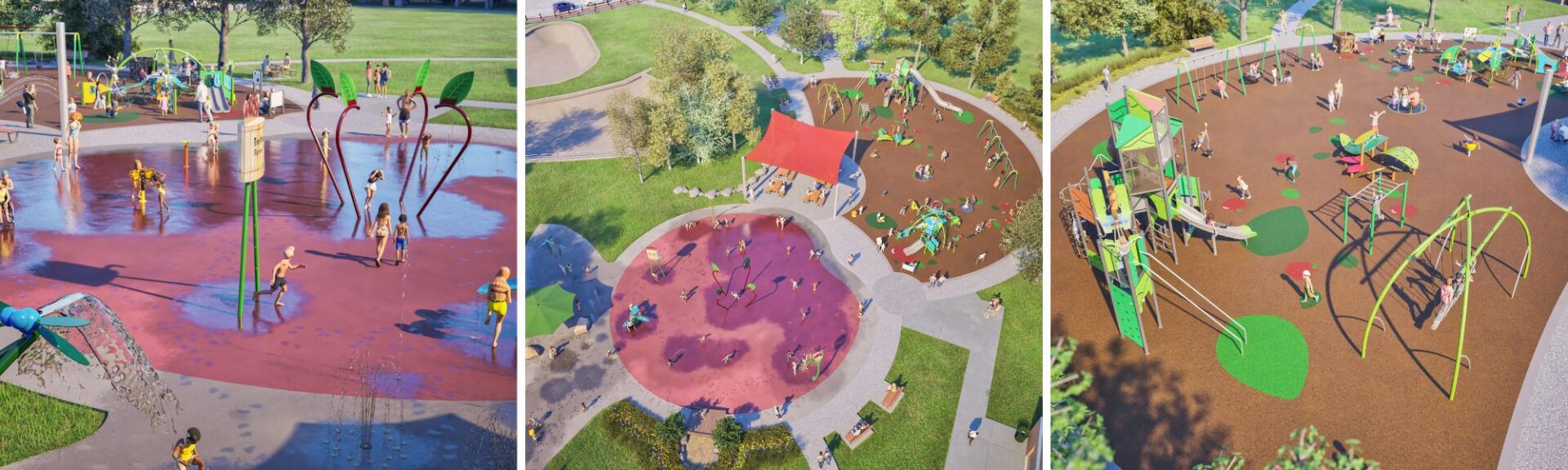 3D renderings of Swalwell Park in Lake Country, BC showcasing the theming of the park