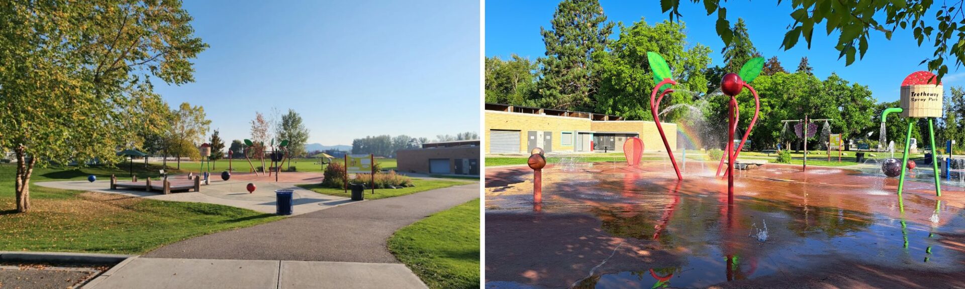 Photos showing Swalwell Park before the revitalization of the splash pad and addition of the new playground and outdoor fitness area.