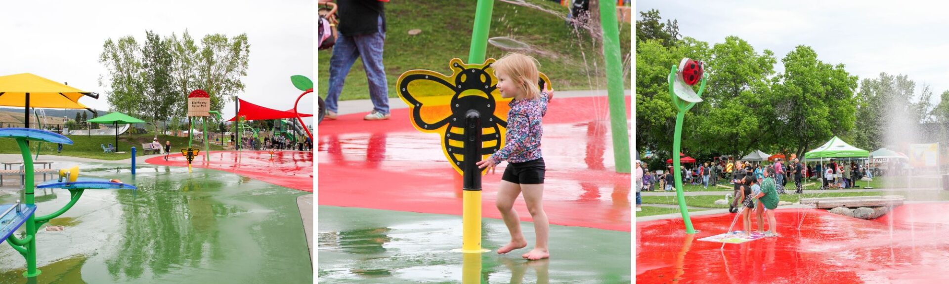 Trio of photos showcasing the revitalized splash pad at Swalwell Park