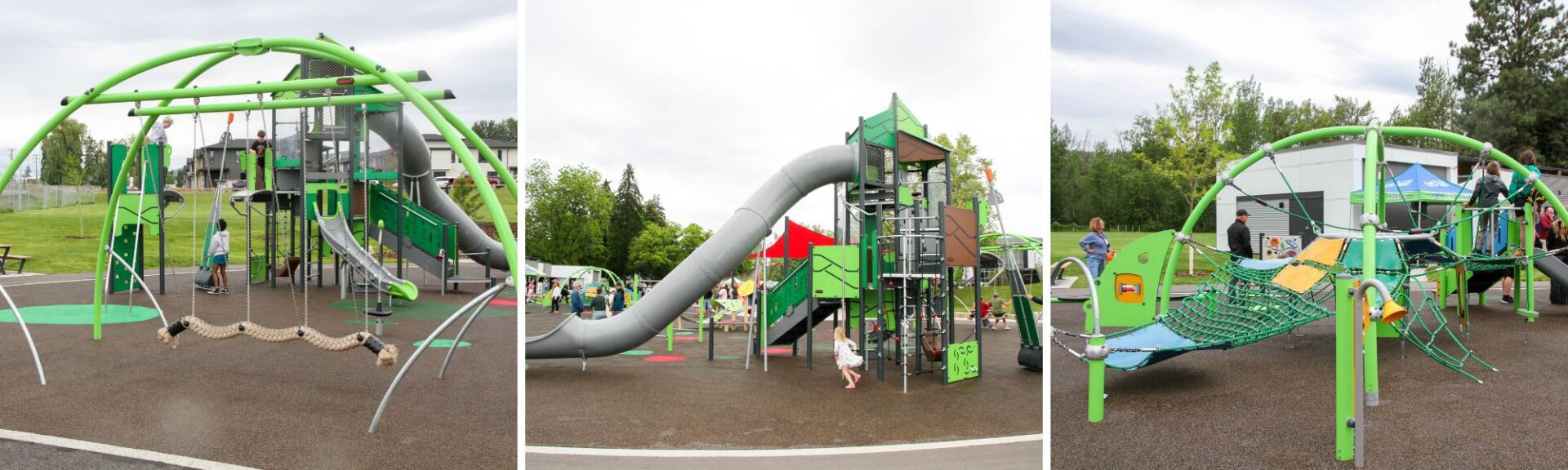 Three images of play features at Swalwell Parks' new playground