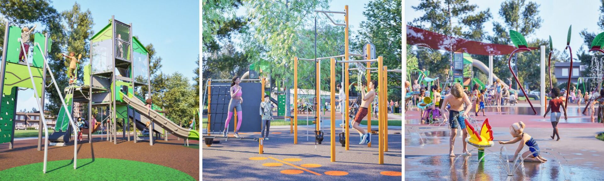 3D renderings of Swalwell Park in Lake Country, BC, showcasing the different spaces
