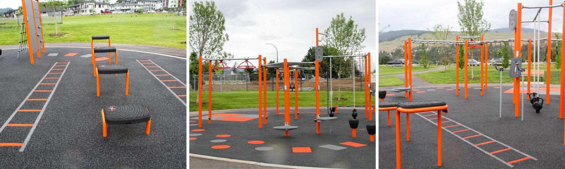Trio of photos of the new outdoor fitness equipment at Swalwell Park.